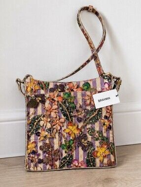 BRAHMIN Lavender Striped Floral Embossed Leather Crossbody. NWT